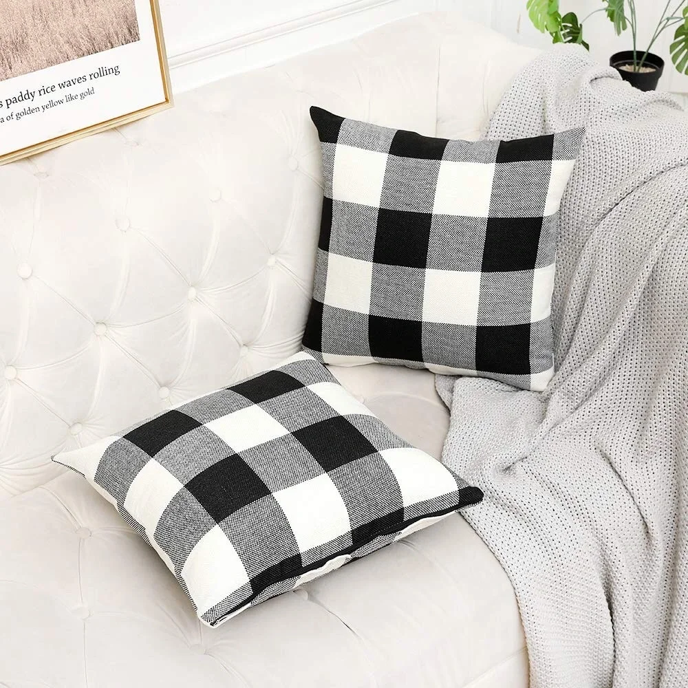2 Retro Cotton | Linen Farmhouse Decorative Buffalo Check Plaid Throw Covers